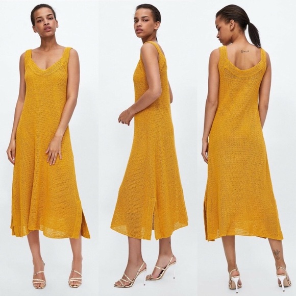 Zara crochet knit midi dress yellow - Picture 3 of 8
